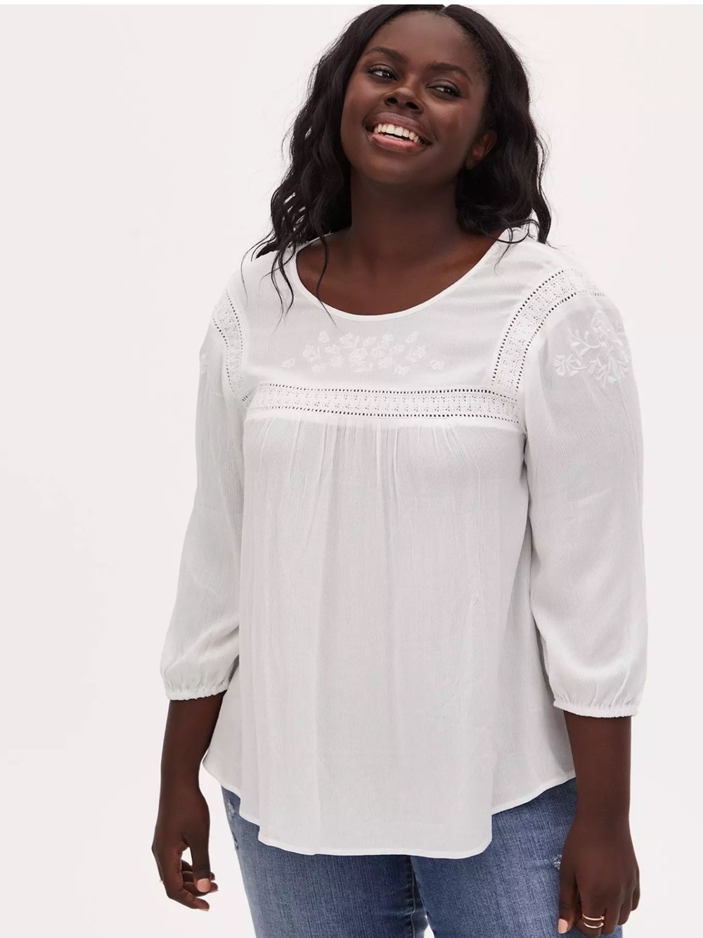 Torrid Crinkle Gauze White Embroidered Peasant Tunic Blouse
